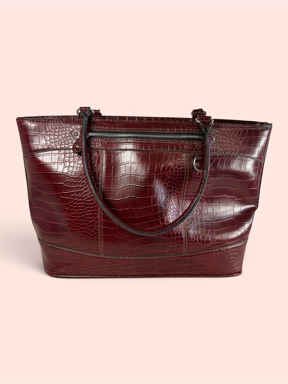 Burgundy Crocodile-Embossed Faux Leather Tote/Laptop Bag